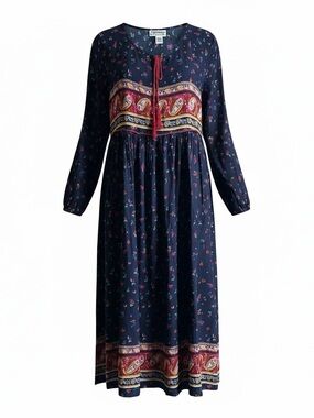 Expressions Size 1X Navy Floral Maxi Dress with Red Paisley Trim